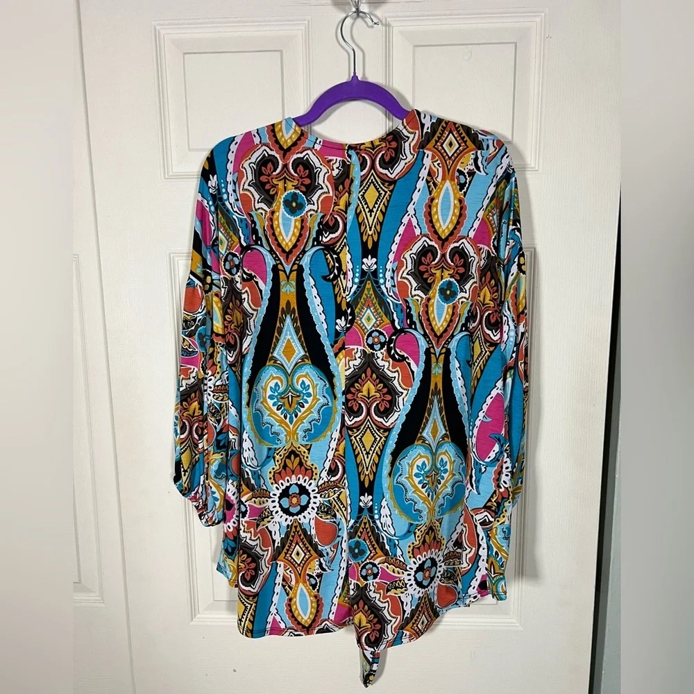 Pink Coconut Multicolor Boutique Paisley Boho Tie Front 3/4 Sleeve Blouse - Picture 2 of 3